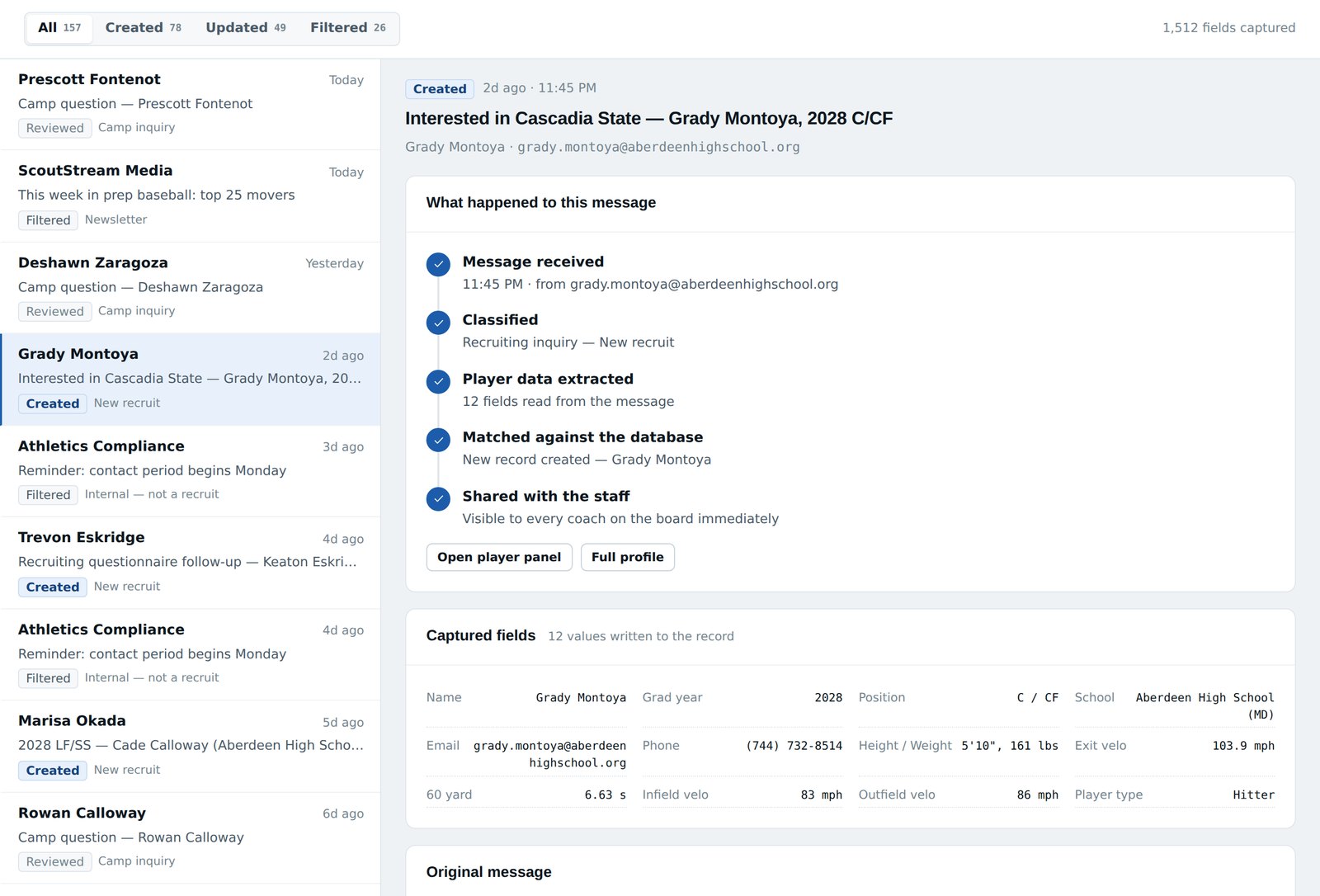 Inbox activity: each incoming email listed with what happened to it — a record created, an existing record updated, or the message filtered out as not recruiting.